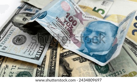 Currency alone against a white backdrop. Various Turkish lira banknotes alongside American dollars and euros on a well-lit surface.




