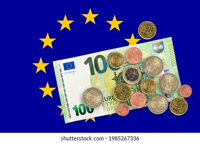 Currency Of European Union Over European Economic Community Flag. EUR Is The Official Currency Of The European Union