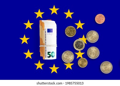 Currency Of European Union Over European Economic Community Flag. EUR Is The Official Currency Of The European Union