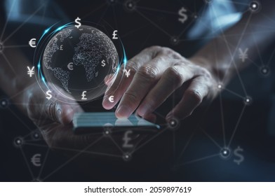 Currency exchange, money transfer, FinTech financial technology, Global business, online banking, interbank payment, e-transaction concept. Man using mobile phone for digital banking via mobile app - Shutterstock ID 2059897619