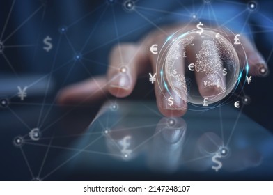 Currency exchange, money transfer, FinTech financial technology, online banking, interbank payment, e-transaction concept. Woman using mobile phone for digital banking, world currency via mobile app - Shutterstock ID 2147248107