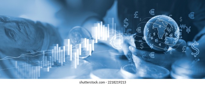 Currency exchange, money transfer, FinTech financial technology, World economy report. Man using smartphone with forex trading graph, stock market report, USD currency,  business, finance background