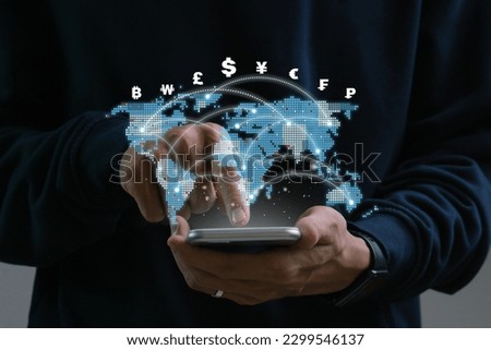 Currency exchange, money transfer.Businessman using mobile phone for digital banking, world currency via mobile app.FinTech financial technology, online banking, interbank payment, e-transaction.