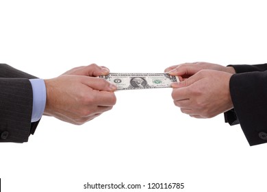 Currency tug-of-war concept for business rivalry, relationship difficulties or divorce settlement between a man and woman