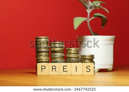 Current development of the price and cost of living with price fluctuations, inflation and higher money expenditure represented by different stacks of money