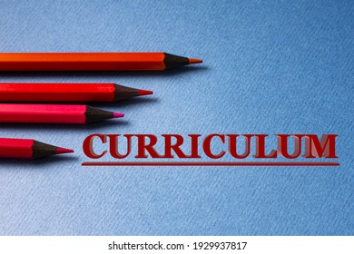 CURRICULUM - word on gray paper with red pencils lying next to. Finance and education concept
