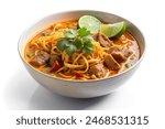 Curried Noodle Soup, Khao Soi Local northern food of Thailand, Thai Northern Style. isolate white background