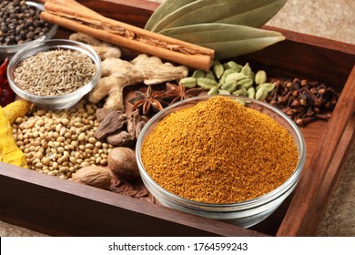 Curry Masala Powder with ingredients, Indian spice Powder. Selective focus - Shutterstock ID 1764599243
