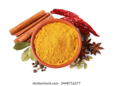 Curry powder in bowl and other spices isolated on white, top view - Powered by Shutterstock