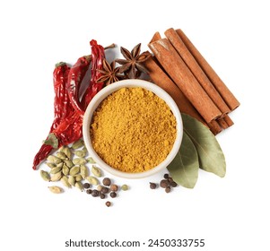 Curry powder in bowl and other spices isolated on white, top view - Powered by Shutterstock