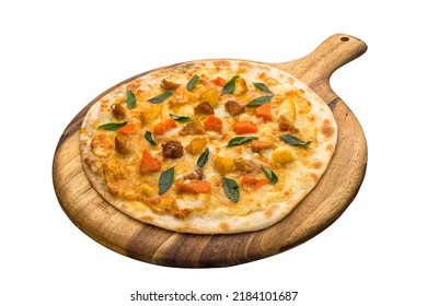 Curry Rendang Lion Mane Pizza Isolated On Wooden Cutting Board On Plain White Background Side View Of Fastfood