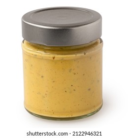 Curry Sauce With Yoghurt In A Jar Isolated On White.