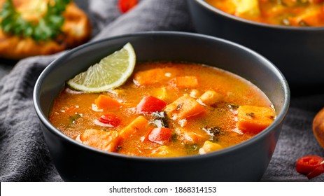 Curry Soup With Sweet Potato, Kale, Chickpea, Red Pepper And Chicken