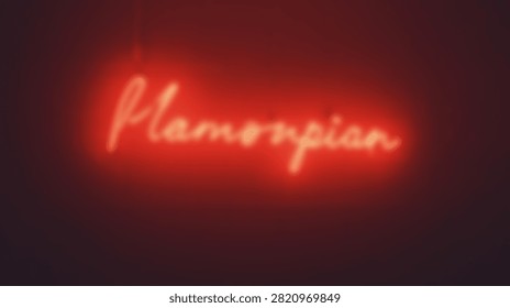 A cursive red neon light sign spelling Flamenpian glowing against a dark wall