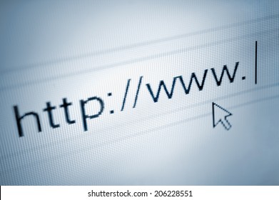 cursor pointing at http www text in browsing browser address bar, arrow pointer, soft macro web url link page closeup