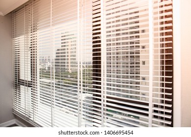 Curtain Blinds In A Small Meeting Room Overlooking The Outside