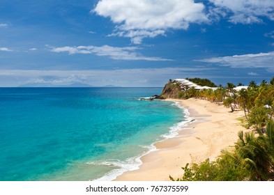 Curtain Bluff Beach And Resort In Antigua. On The Horizon The Active Volcano Of Montserrat, Just Starting A Bigger Eruption.