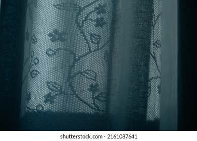 Curtain And Mesh Tulle In Moonlight Beams. Good Night And Dreams. Romantic Mood. Inspiration. No People. Living Room Interior Decor. Cozy Bedroom Details. Peaceful Atmosphere. Country Vintage Style.