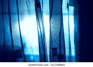 Curtains In Blue Light , Room Interior View . Moonlight In The Window