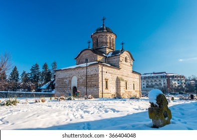 Curtea De Arges Town, Romania. The Royal Court Church Of Wallachia In Winter. Curtea Domneasca.