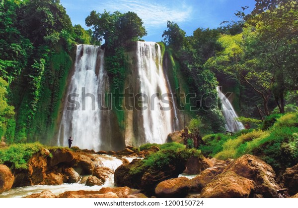 Curug Cikaso Cikaso Waterfall Ujung Genteng Stock Photo