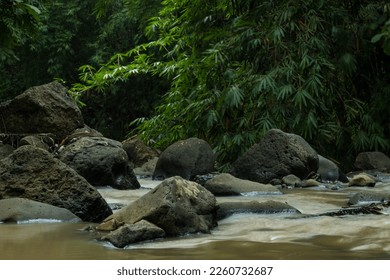 curug gamelan in Salatiga, Central Java. Indonesia. Waerfalls with giant rocks. Long Exposure Photography. Blurred Motions.