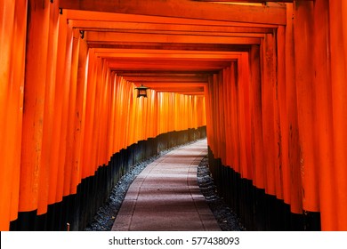 CurvebFootpath Corridor Decoration With Many Red Wooden Tori Gates Of Fushimi Inari Shrine In Kyoto, Japan. Here, Open 24 Hr.  7 Days, Is One Of The Most Famous Travel Destinations In Kyoto.