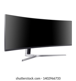 Curved Gaming Monitor Isolated On White. Slim Design Ultrawide 4K UHD TV Screen LED Tele. Side View Of Flat Monitor Screen Television With Blank Anti-Glare Display. Brand New Black HD Widescreen Telly