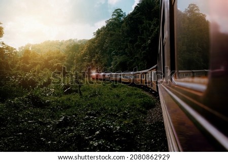 Curved Passenger Train ,train on the railway in a high mountain forest with tall trees in the summer landscape.