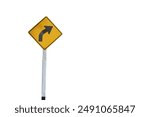 Curved road traffic yellow sign. Warning attention sign Right Winding Road. White background.  Concept, Warning traffic sign for  giving direction for transportation and way to go.                    