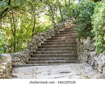 Curved Stone Path Leads Uphill To Forest.