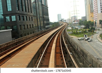 Curved Train Track 

View from inside the moving train-cab view-rail transit line-kuala lumpur-malaysia