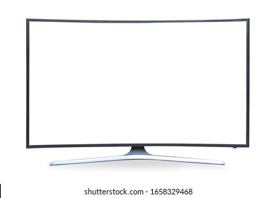 Curved TV 4K Flat Screen Lcd Or Oled, Plasma Realistic, White Blank HD Monitor Mockup, Modern Video Panel White Flatscreen On Isolated White Background With Clipping Path.