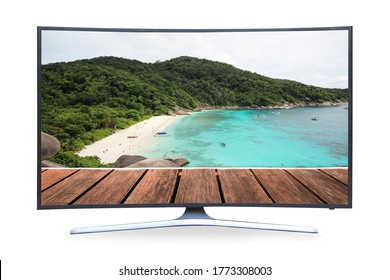 Curved TV 4K Flat Screen Lcd Or Oled, Plasma Realistic, White Blank HD Monitor Mockup, Modern Video Panel White Flatscreen On Isolated White Background. With Picture Nature Landscape.