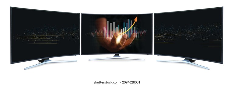 Curved TV 4K flat screen lcd or oled, plasma realistic, White blank HD monitor mockup, with Businessman holding the glow light Data digital marketing graph.