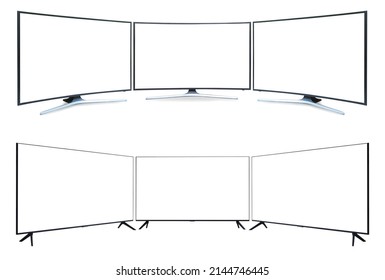 Curved TV And TV 4K Flat Screen Lcd Or Oled, Plasma Realistic, White Blank HD Monitor Mockup, Modern Video Panel White Flatscreen On Isolated White Background With Clipping Path.