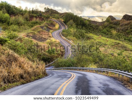 A curvey section of the Wasmea canyon road on the island of kauai, Hawaii.