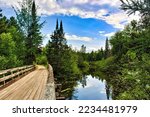 A curving wooden bridge oasses alonmgside a river and through a lush green forest on the Bearskin Trail in Northern Wisconsin.