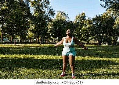 A curvy African American woman in green sports bra and blue shorts holds a skipping rope - Powered by Shutterstock