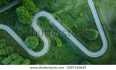 Curvy bike path. Laid between the trees in the park. Drone photography, aerial photography. The camera is tilted vertically down.