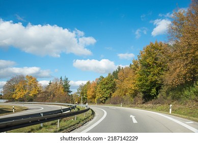 Curvy Freeway Ramp, Autumnal Landscape Upper Bavaria, Blue Sky With Clouds