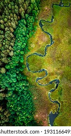 Curvy River In Autumn. Aerial View Of Nature In Poland, Europe