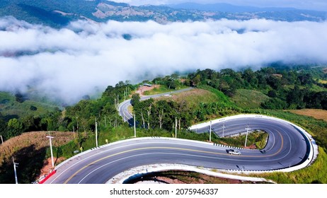 Curvy Road Aerial View Up The Mountain