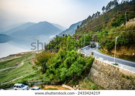 Curvy Road on the mountains of Tehri Garhwal, Uttarakhand. Tehri Lake is an artificial dam reservoir.