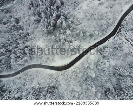 Curvy road in the winter mountains in a snowy forest. Aerial drone top-down photo of a winding mountain road in the French Alps with trees covered in snow.