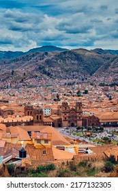 Cusco, Peru. Cityscape view of the central square, the old town and the Andes.