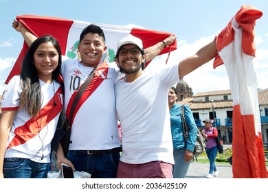 Cusco, Peru' - October 05 2017: Peruvian fans in Plaza de Armas waiting for the Argentina vs Peru' match, valid for qualifying for the 2018 World Cup in Russia.