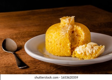 Cuscuz With Margarine, Traditional Food From Northeastern Brazil Made From Corn On The Plate With Spoon And Straw Hats Beside