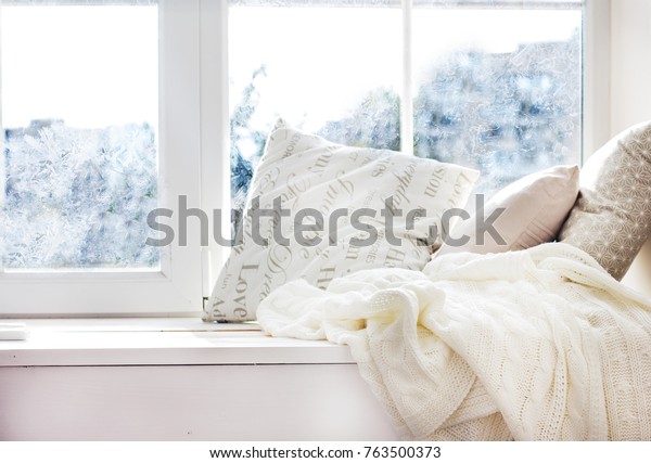 Cushions Knitted Plaid On Windowsill Cozy Stock Photo Edit Now