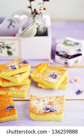Custard Cake and violet flowers